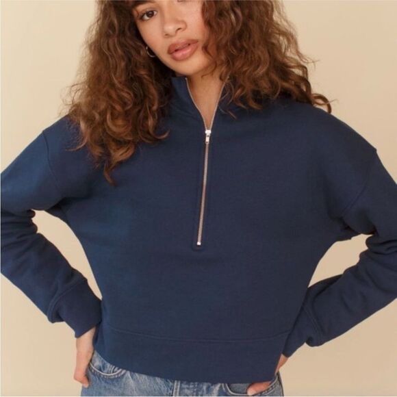Reformation Marla Half Zip Cropped Sweatshirt in Navy - Picture 1 of 9